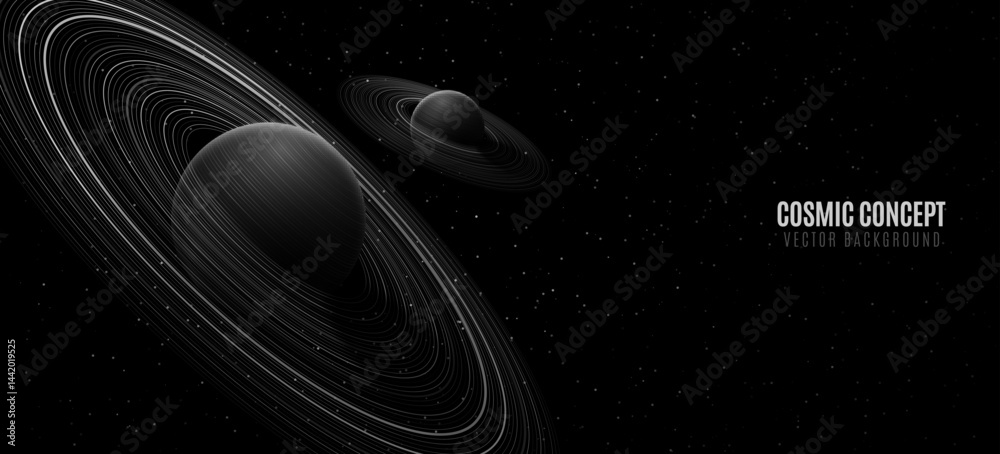Wall mural abstract planet saturn with ring around and shining starry sky. scientific presentation backdrop for