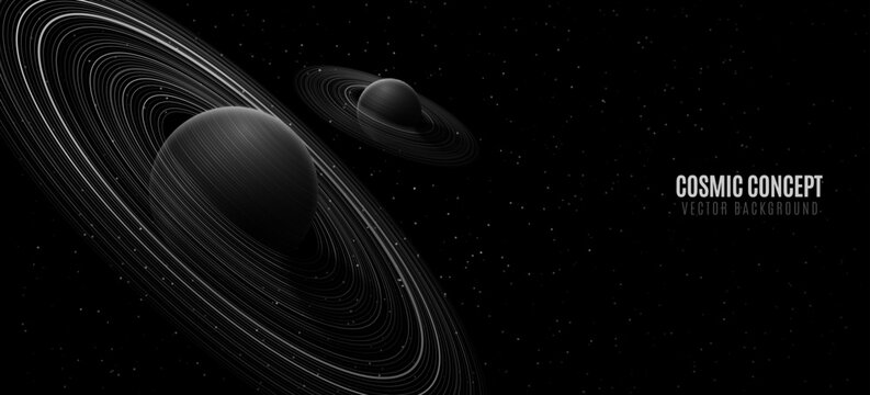 Abstract planet Saturn with ring around and Shining Starry sky. Scientific presentation backdrop for online conference or forum. Black outer space concept. Cosmic Science background. Vector illustrati