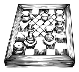 Vintage Engraving of a Chess Game with Stylish Pieces and Board
