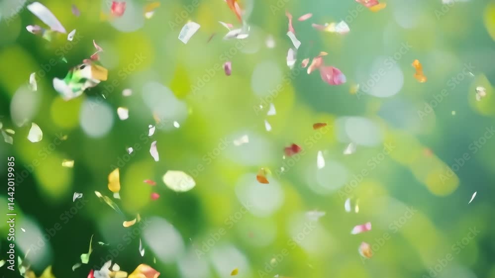 Wall mural green bokeh lights dance across a blurred spring grass pattern in a bright, sunlit garden