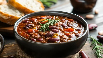 Hearty chili served in a black bowl with fresh herbs alongside rustic bread