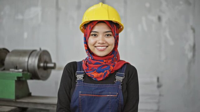 A smiling young woman with a hijab in a yellow hard hat playfully imitates a construction worker