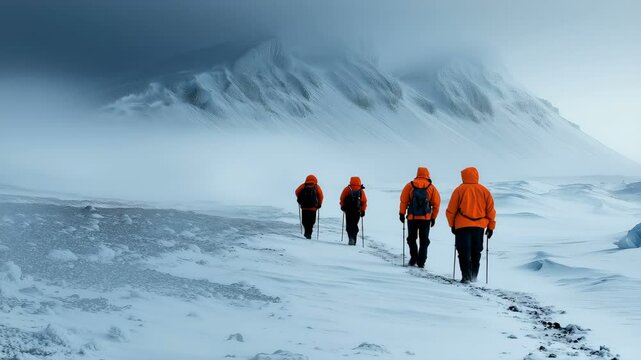 Hikers dressed in bright orange gear joyfully embrace the exhilarating thrill of exploring the snowy wilderness