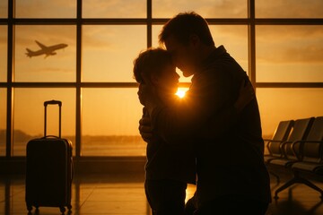 Father hugging child at airport terminal during sunset with airplane taking off in background