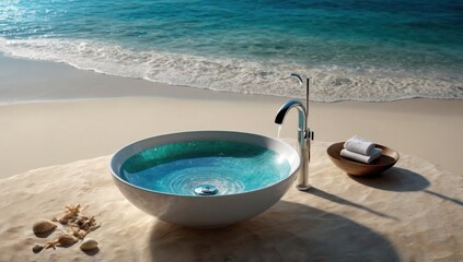 "Create a cinematic, ultra-high-resolution rendering of a luxurious modern bathroom sink featuring a beach-inspired 