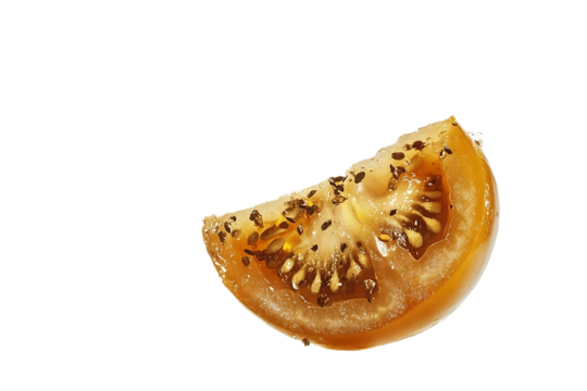 Seeds flying out of a tomato in motion.