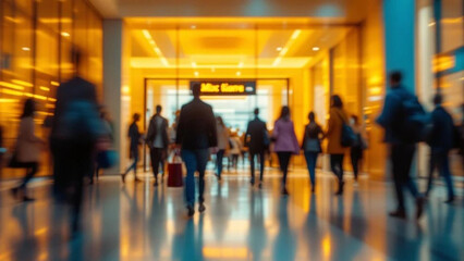 Blurred people in motion in modern lobby. 