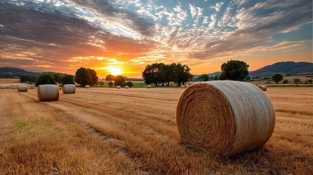 A vibrant sunset bathes round hay bales in golden light, creating a peaceful connection between nature and farmland.