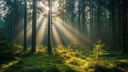 Obraz premium Magical sunbeams illuminate serene green forest landscape with tall trees fir calm rays dark pine