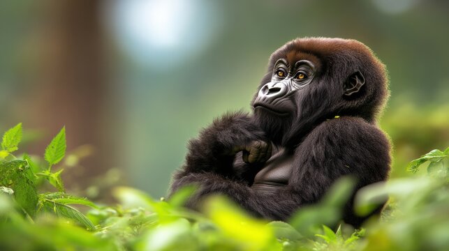 Young adorable baby gorilla sitting peacefully in lush green jungle foliage with calm expression and tropical environment, wildlife photography