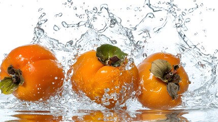 Fresh Persimmons Splashing in Water with Sparkling Bubbles
