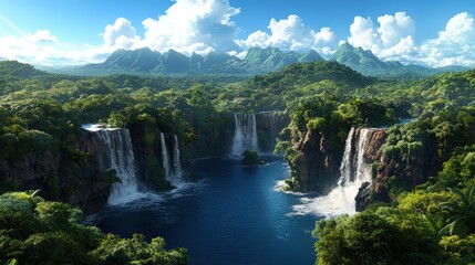 Fototapeta premium Stunning panoramic view of lush tropical rainforest with majestic waterfalls cascading into a deep river surrounded by green mountains and scenic natural landscape