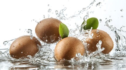 Fresh Eggs Splashing in Water with Green Leaves Accents