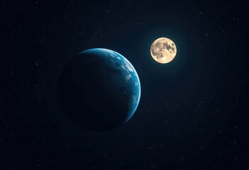 Fototapeta premium Earth and moon celestial bodies, night sky view, satellite, crescent moon