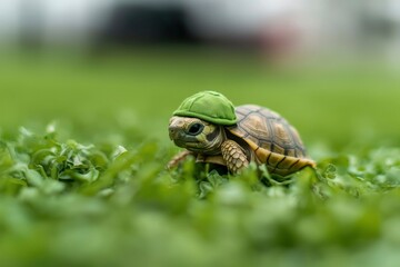 Tiny turtle with a hat in grass