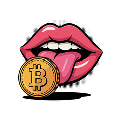 Mouth with a tongue licking a gold bitcoin.