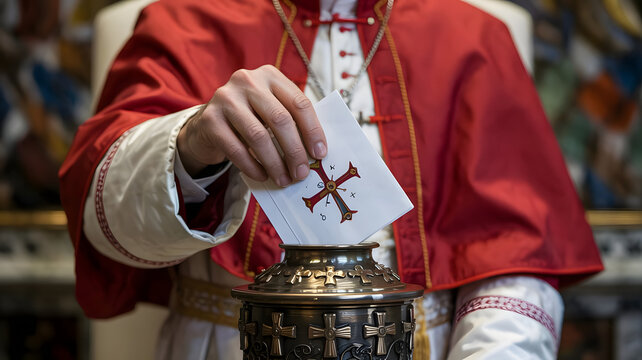 A Catholic cardinal dressed in traditional red vestments casts a vote into a bronze urn adorned with Christian crosses during the papal conclave in the Vatican.