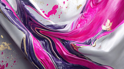 Abstract liquid art featu dynamic swirls of vibrant pink and purple hues with scattered gold accents against a textured white background showcasing depth (150)