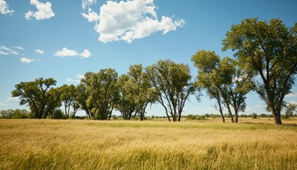 Fototapeta premium Golden field, trees, blue sky