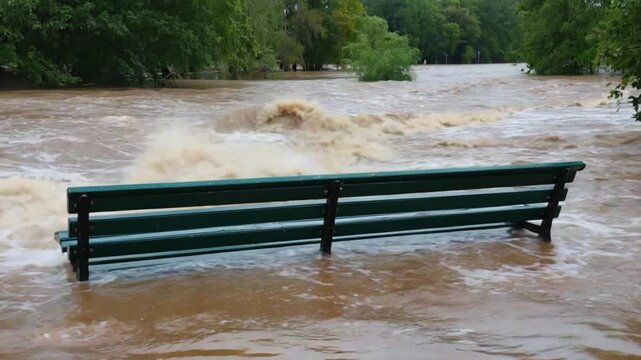 A park bench submerged in floodwaters during heavy river overflow in a natural area