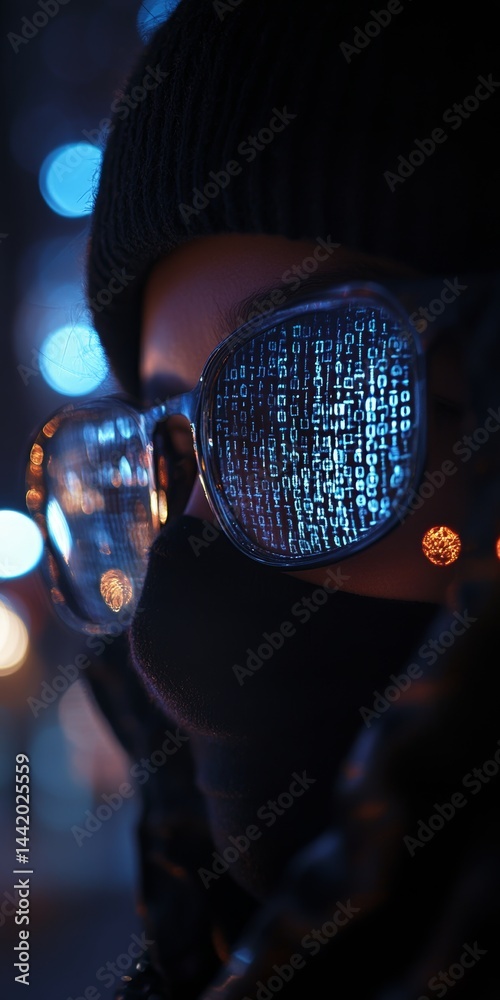 Poster cyberpunk teen double exposure of hacker s face merging with binary code in dark urban setting