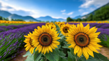 Obraz premium Sunflowers and Lavender fields under a clear sky in summer