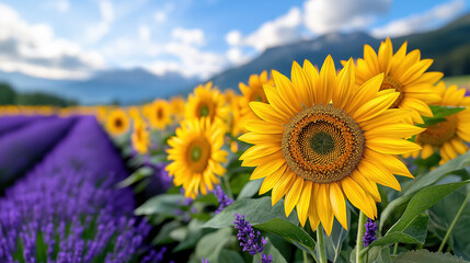 Fototapeta premium Sunflowers and lavender blossoms under a clear blue sky