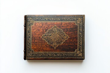 Fototapeta premium Antique wooden book ornate gold details rich history elegant design vintage book cover close up