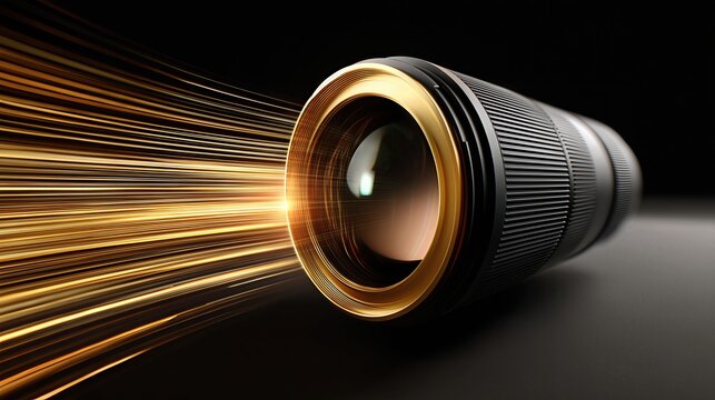 A camera lens glimmers with golden light streaks, capturing the essence of creativity and precision in photography.

