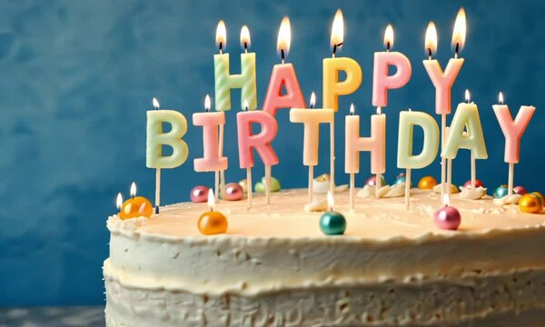 HAPPY BIRTHDAY cake with burning candles