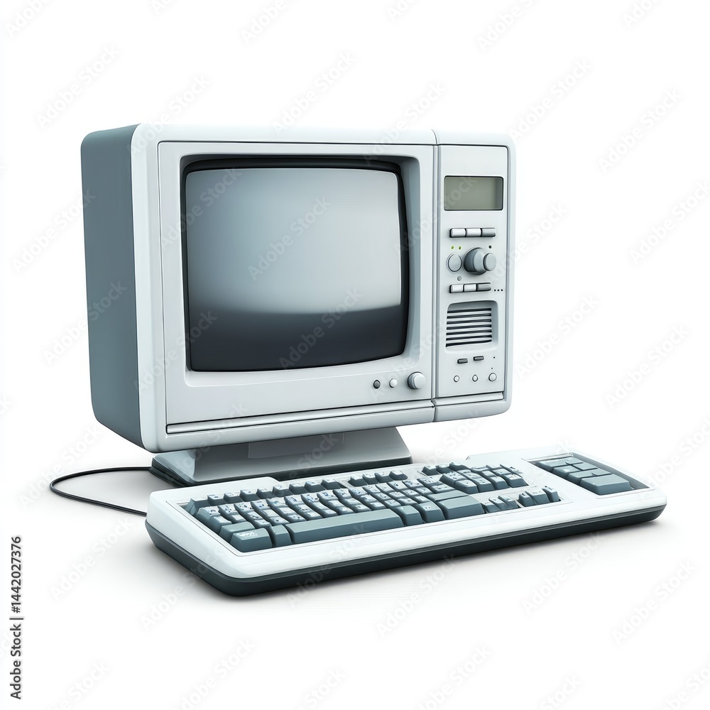 Poster retro computer system of the 1980s, complete with monitor and keyboard.