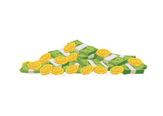 Big stack of golden coins and dollar bill vector stock illustration