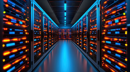 Obraz premium High-tech server room with illuminated racks and cables