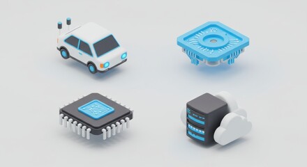 Isometric Tech Icons: Autonomous Car, Processor, Data Server, Smart Home Platform.