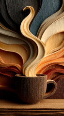 Coffee steam's warm swirls. A cup of coffee sits on a table, with colorful paper patterns creating steam that swirls above it.