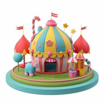 Colorful cartoon circus tent scene on a round platform.