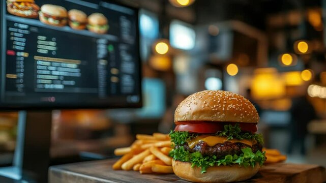 Fast food menu displayed on a digital monitor. Restaurant screen showcasing meals, prices, and promotions. Modern ordering system.