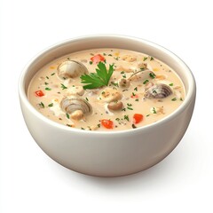 Creamy clam chowder in a white bowl.