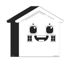 Happy home with smiling face doodle linear character. Friendly dwelling. House building with cheerful personality 2D vector outline personage isolated. Hand drawn drawing illustration monochrome