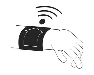 Smartwatch hand with remote home control and wifi signal doodle outline illustration. Wrist IoT wearable emitting Wi-Fi 2D vector drawing sketch isolated on white. Monochrome clip-art handdrawn