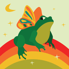 Frog with Butterfly Wings on Rainbow Vector Illustration. Green frog adorned with vibrant butterfly wings, sitting joyfully on a colorful rainbow with stars and a crescent moon in the background