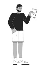 African american man holding tablet with Wi-Fi signal doodle linear character. Black male IoT user using wifi control 2D vector outline person isolated. Hand drawn drawing illustration monochrome