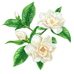Beautiful gardenia flowers clipart with vivid green leaves isolated on a clean transparent background, Gardenia flowers isolated on transparent background