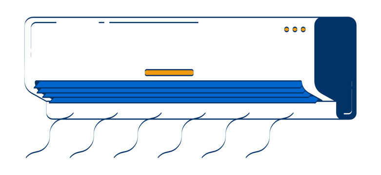 Wall-mounted air conditioner blowing cool air 2D doodle object. Home cooling. Airconditioner AC appliance cartoon element flat vector clipart isolated on white background. Hand drawn illustration