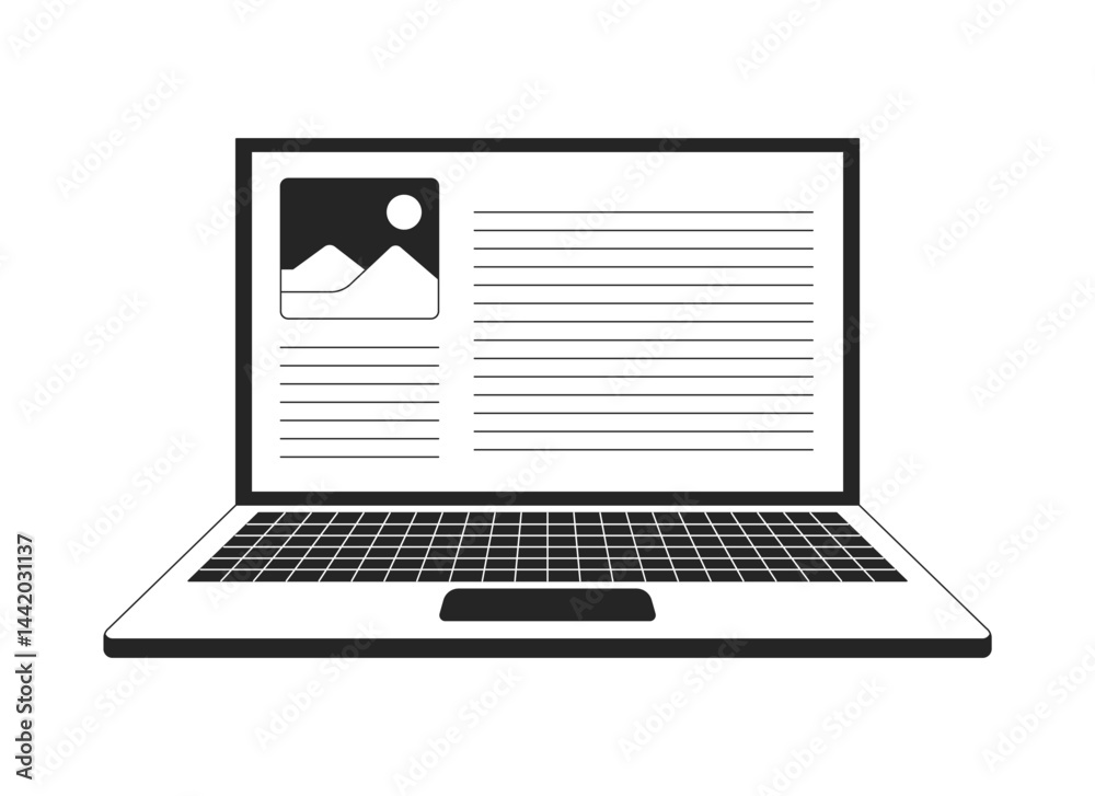 Poster open laptop with webpage content 2d line object. digital publishing. notebook displaying web page la