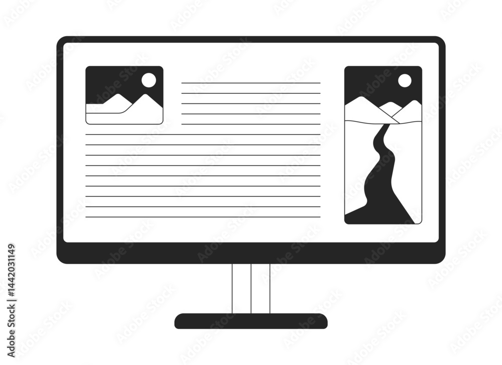 Aufkleber desktop monitor with web article layout 2d line object. computer display webpage with text content a