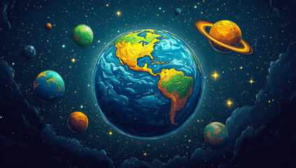 Naklejka premium Planets orbiting around Earth in space. A vibrant depiction of Earth surrounded by colorful planets and stars in a cosmic setting at night.