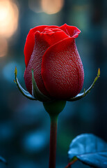 Red rose standing tall in soft light. A vibrant red rose blooms gracefully in a garden, illuminated by gentle sunlight during early evening hours.
