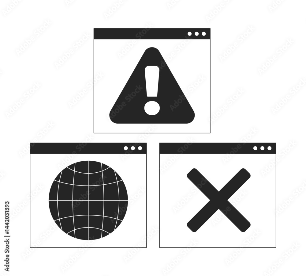 Poster web alert interface 2d line objects set. error message. global network browser windows. online warni