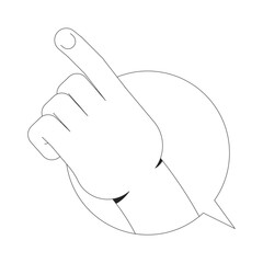 Hand pointing upward inside circular speech bubble outline illustration. Guidance, instruction. Gesture communication chat box isolated 2D vector image black and white. Linear drawing clip art